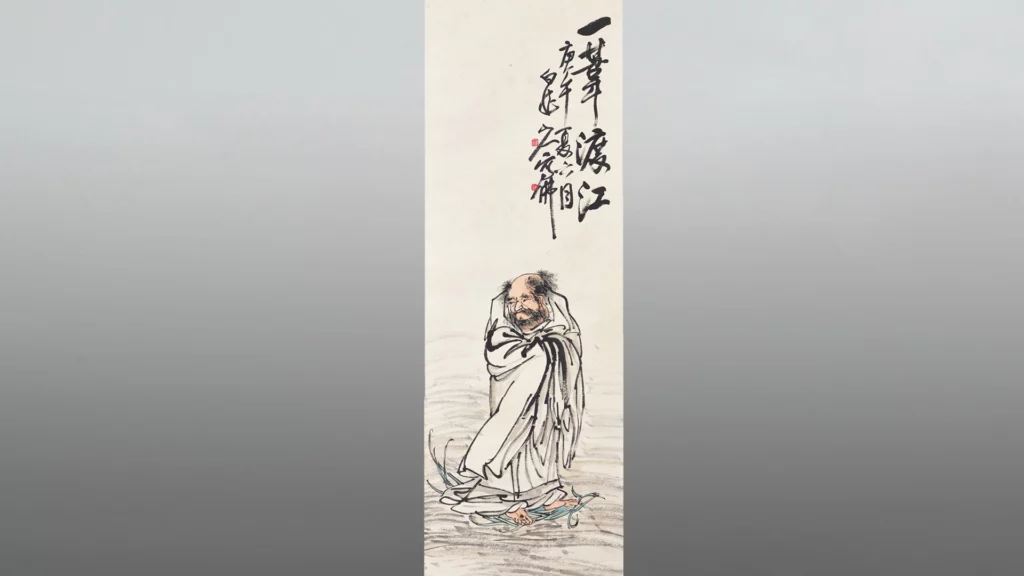達摩祖師一葦渡江的水墨畫