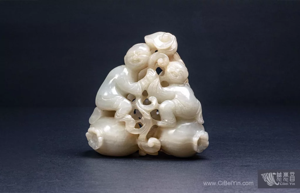 Hetian White Jade "Gold Mountain, Ruyi and Sons" Carving