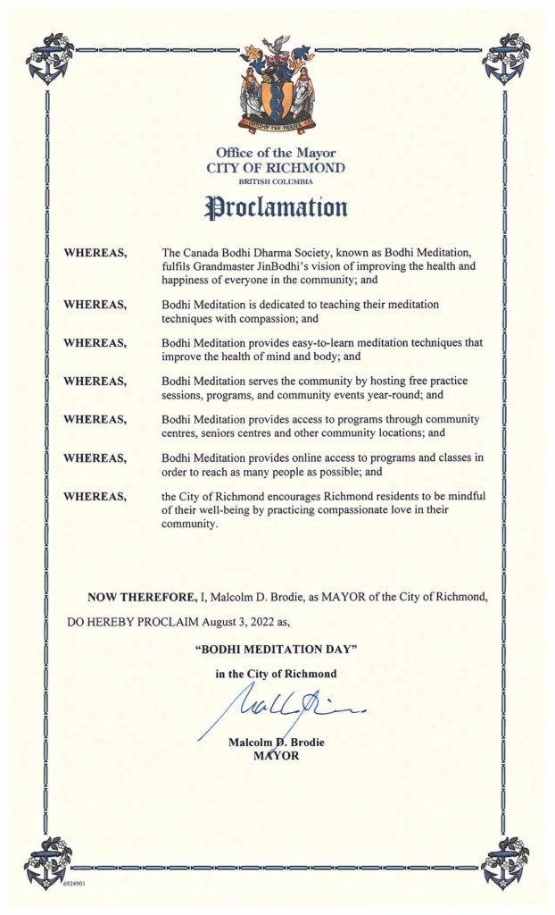 Mayor of Richmond Malcolm D. Brodie proclaims August 3, 2022 as Bodhi Meditation Day