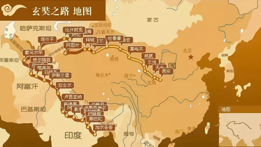 The route of Venerable  Xuanzang's journey to the west to obtain scriptures