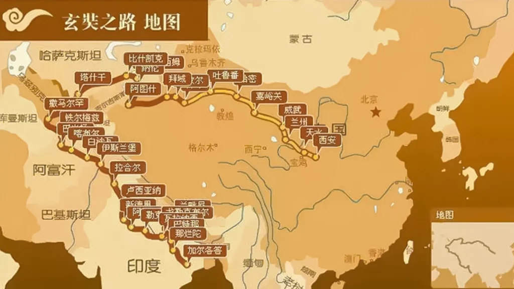 The route of Venerable Xuanzang's journey to the west to obtain scriptures
