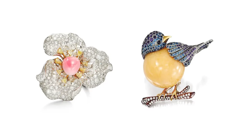 粉色孔克珠配鑽石戒指(左)、雀仔的身體用上橙黃色美樂珠(右)