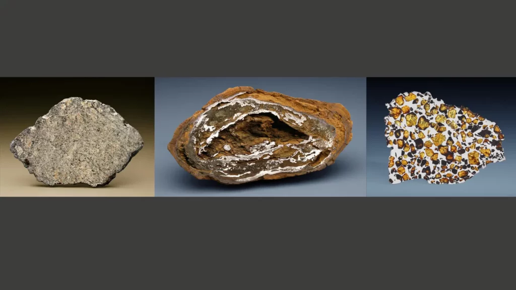 （左）石質隕石 （中）鐵質隕石 （右）石鐵混合隕石