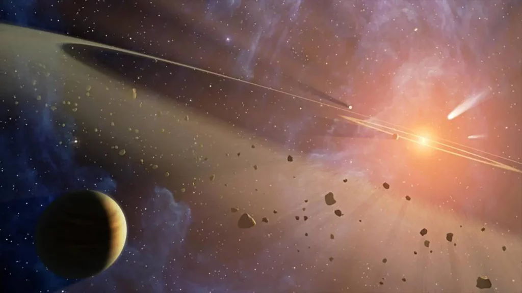 外太空中行星爆發形成流星隕石的示意圖