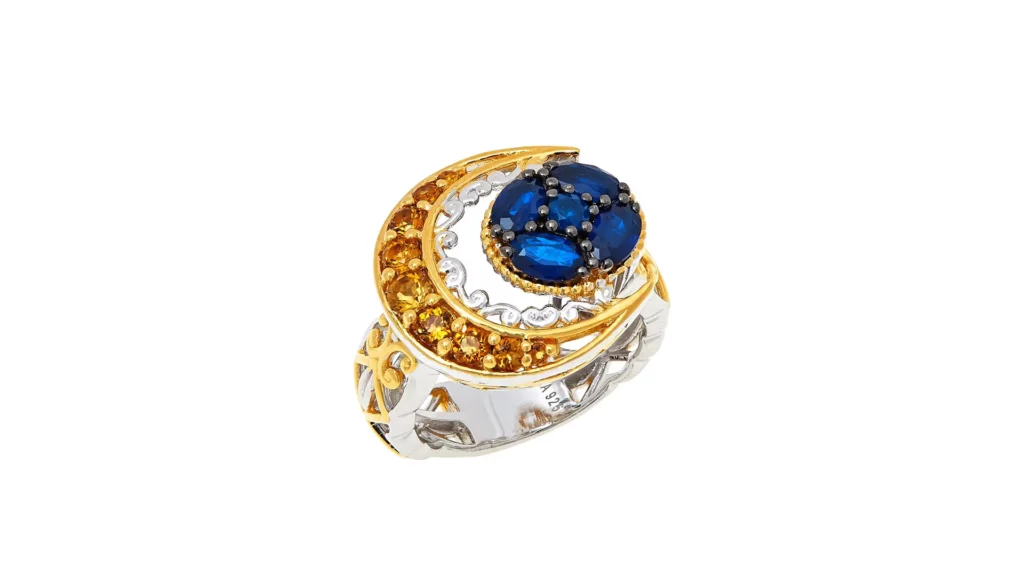 鈷藍尖晶石和鑲嵌黃水晶的新月形戒指 