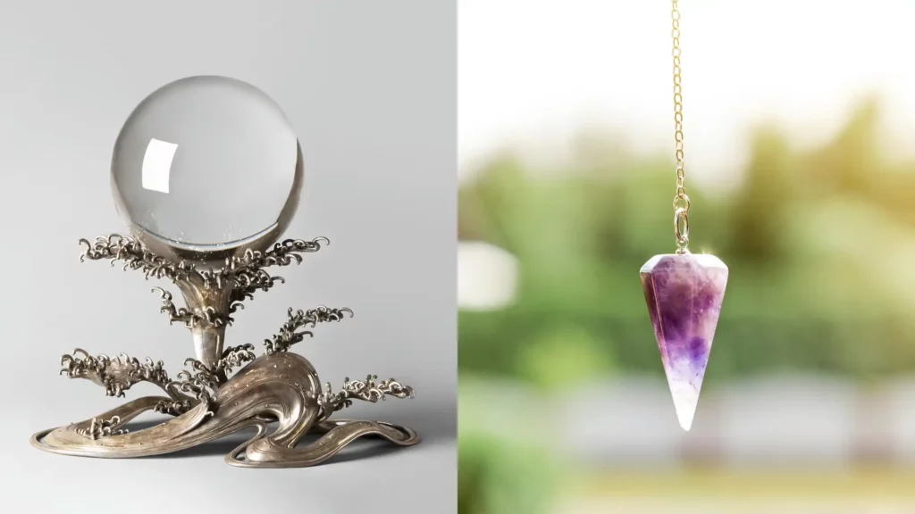 擺放在展示台上的水晶球(左)、紫水晶靈擺(右)