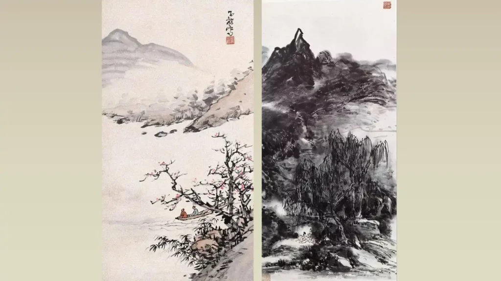 黃賓虹創作的山水畫，（左）「白賓虹」畫風（右）「黑賓虹」畫風