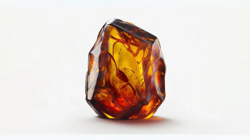 琥珀寶石呈現剔透的黃色光澤,其中有樹葉與植物碎屑