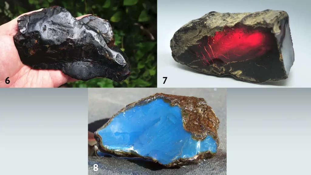 標號6捧在手中的璽珀;標號7的血珀,中心透出紅色光澤;標號8的藍珀,外層包覆著一層薄薄的雜質