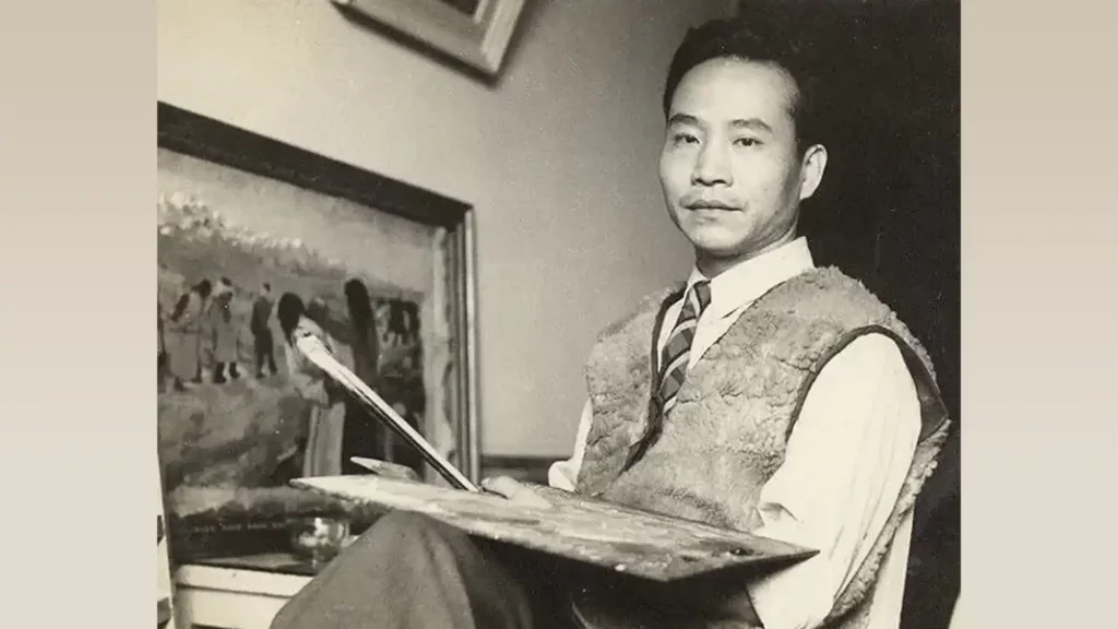 吳作人年輕時正在作畫的側面寫照