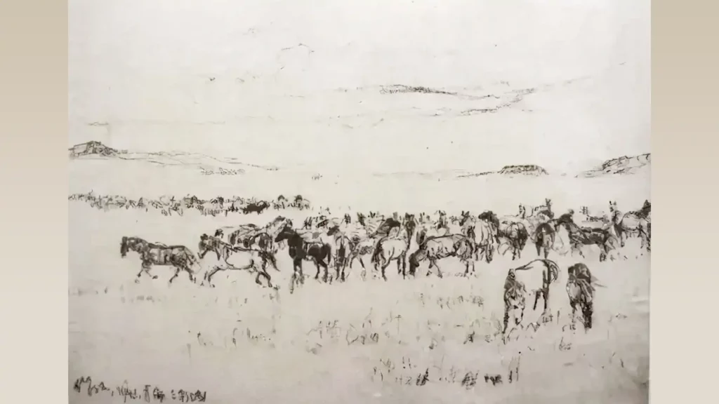 藝術家吳作人的素描作品，草原上的馬群