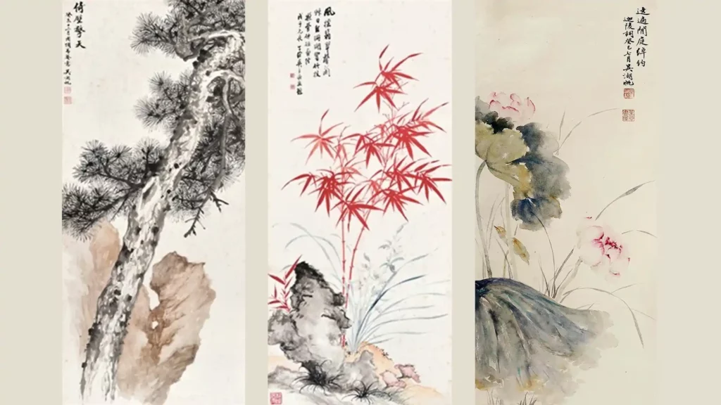 吳湖帆作品,(左至右)松/竹/荷三幀