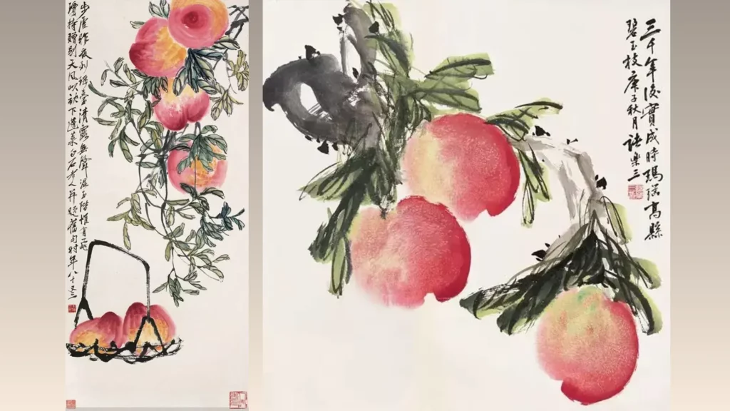 齊白石作品,36歲(左)/83歲(右)作品:《畫桃》