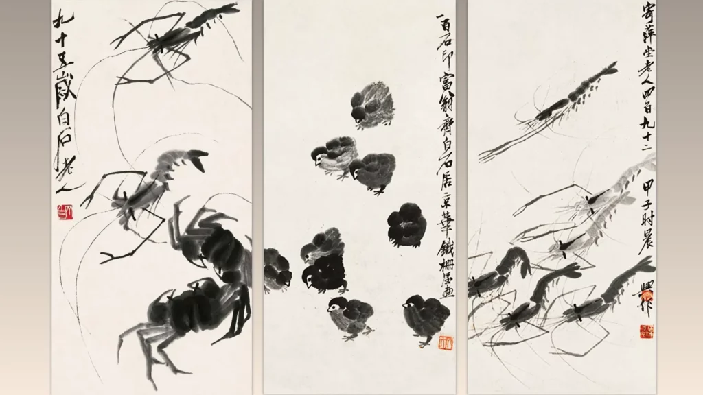 齊白石作品左/中/右：《蝦蟹圖》《小雞》《蝦》