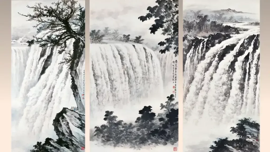 黃君璧作品,左《1969 巴西觀瀑》,中《南非維多利亞瀑布》,右《維多利亞瀑布》