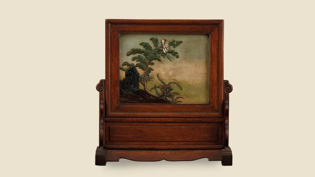 清18/19世紀 漆地雞翅木壽石芍樂圖小座屏