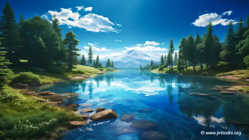 巨石山澗無溪水，一旁湖水，蒼松映藍天。