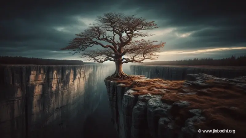 At the edge of a deep pit stands a solitary, aging tree.