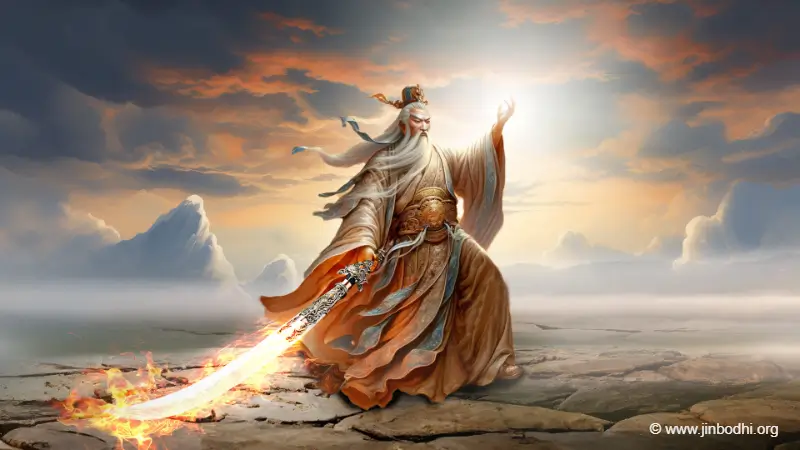 A Heavenly deity descends, holding a precious flaming sword.