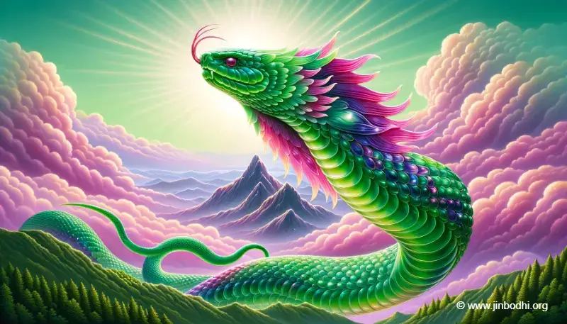 A turquoise green serpent ascends the peak.