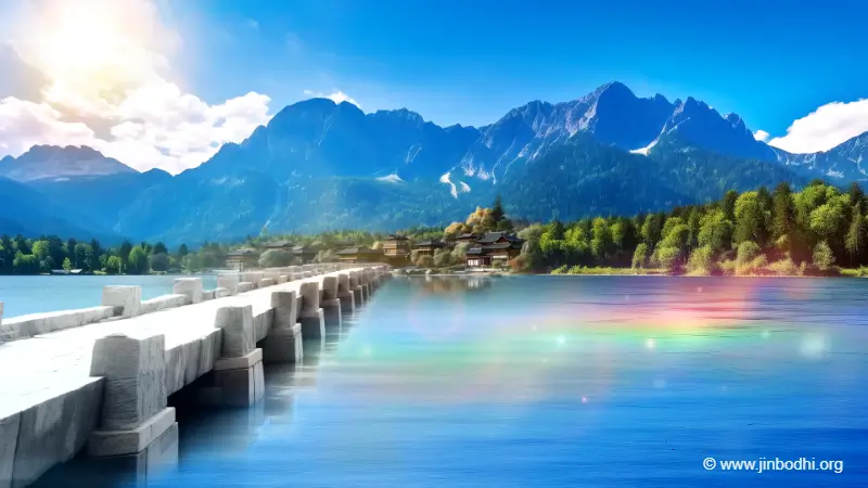 A vast mountain with a clear lake below, a white stone bridge over the lake. The water is clear, reflecting colorful lights and shadows, exquisite.