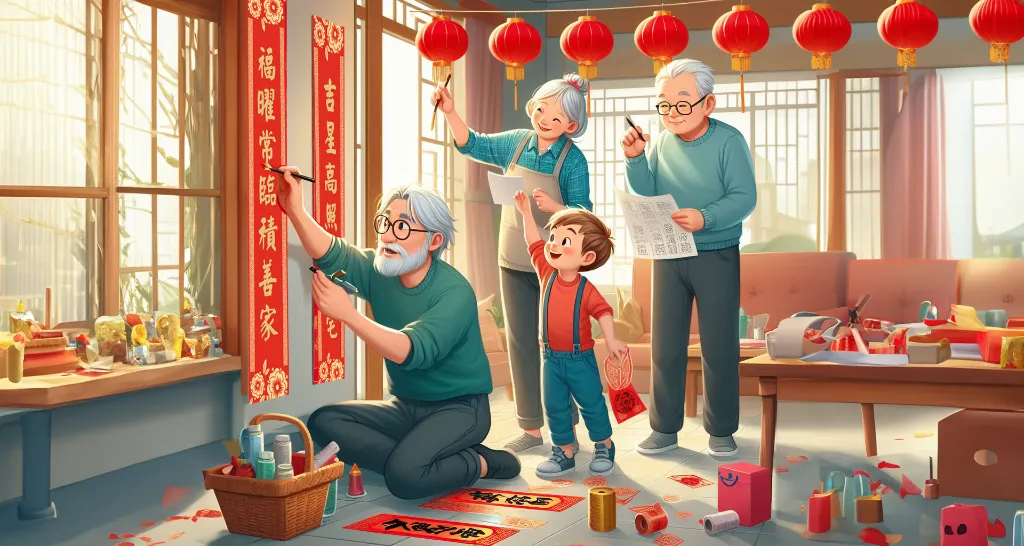 Grandpa was writing Chinese New Year couplets at New Year's Eve.
