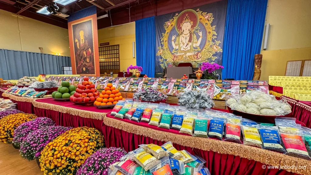 The altar and offering table at the ceremony were filled with offerings.  