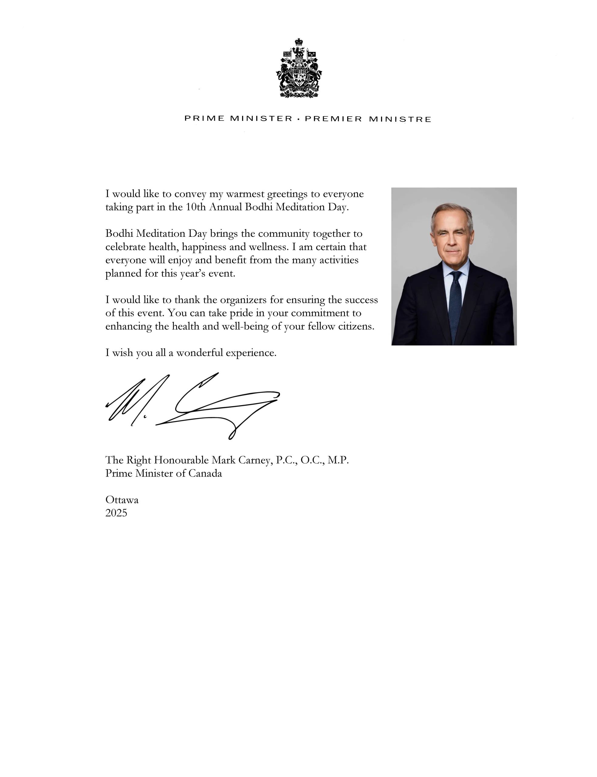 加拿大总理贺信